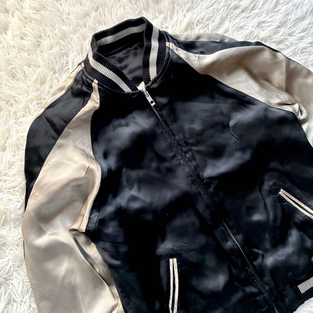 百花繚乱 リバーシブル スカジャン 鯉×富士山 刺繍 和柄 黒 金 サテン