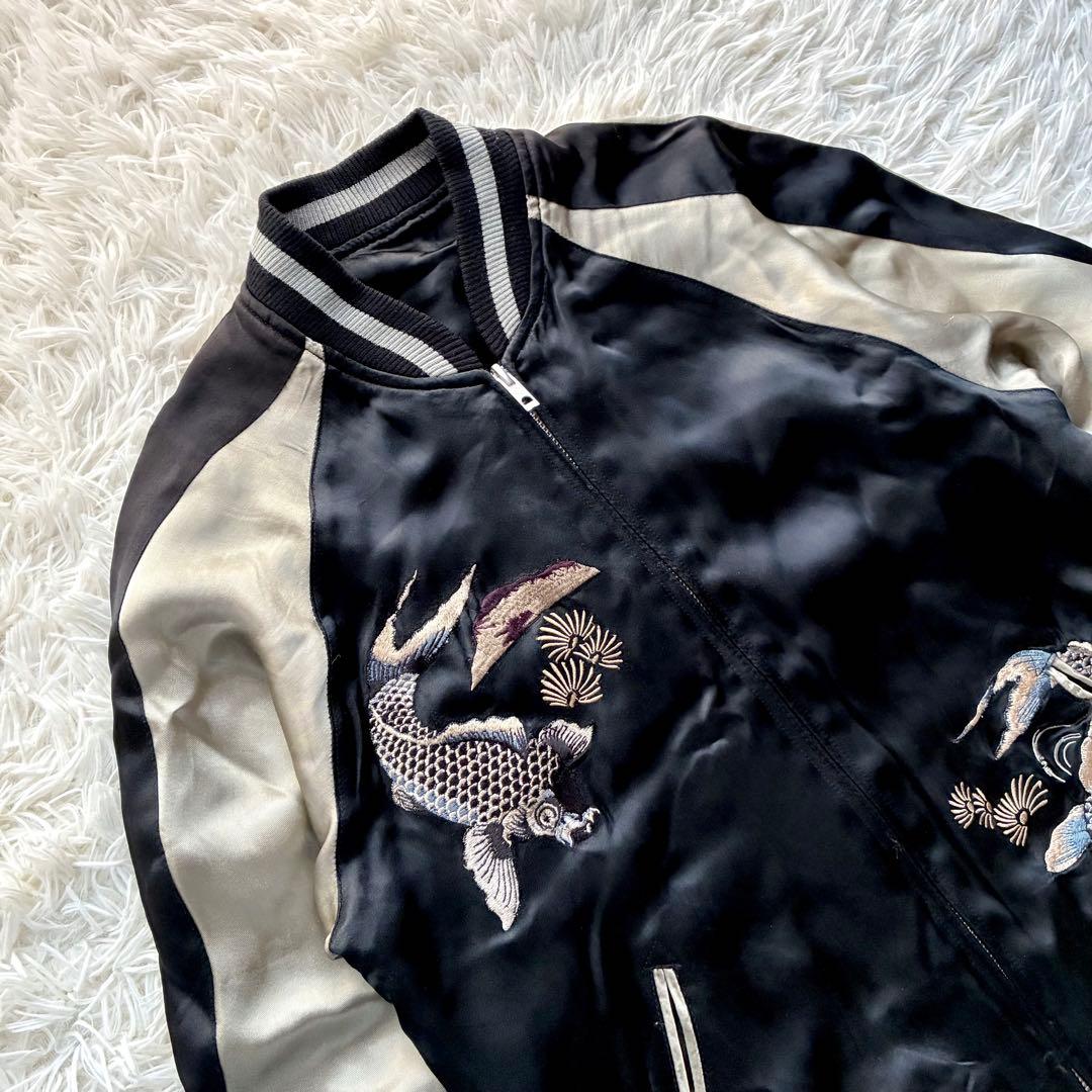 百花繚乱 リバーシブル スカジャン 鯉×富士山 刺繍 和柄 黒 金 サテン