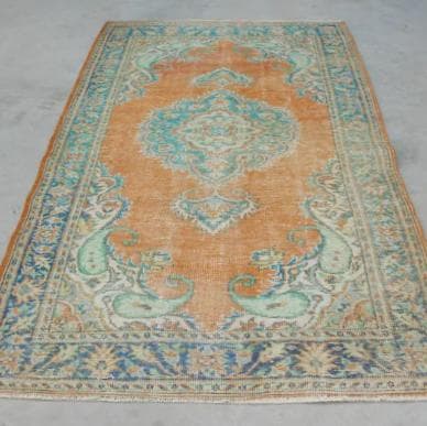 トルコ ヴィンテージラグ A79 大判 オレンジ ターコイズ ネイビー