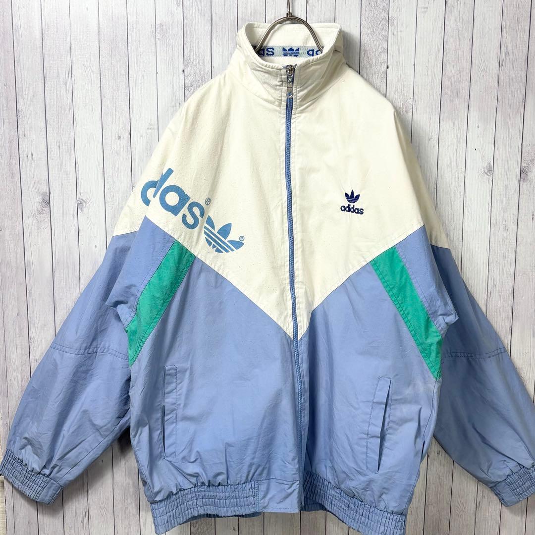 は*な様 adidas ジャンパー アイボリー/ブルー　ブルゾン　80's ビン