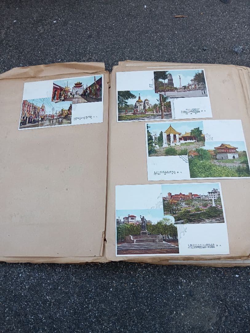 満州の古い絵葉書、１６６枚、スクラップに貼り付け、戦前、軍人、戦争