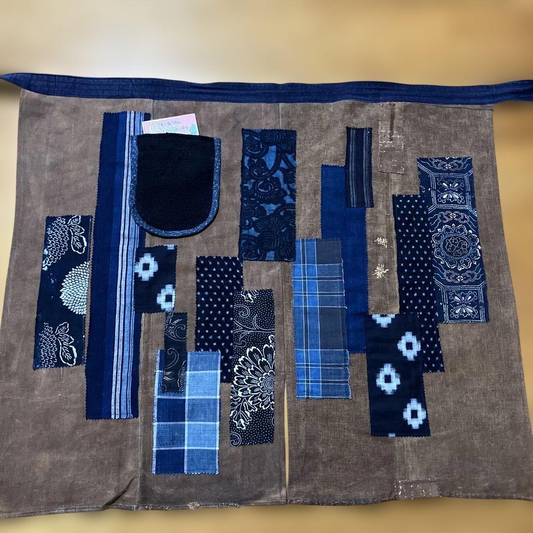 柿渋染め酒袋古布型染め雪ん子格子、縞木綿庄内刺し子ポケットリメイク前掛けエプロン