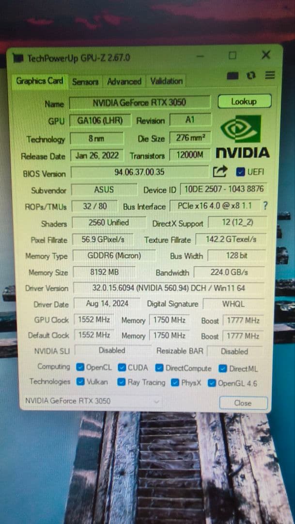 ASUS RTX 3050 8G 動作確認済み