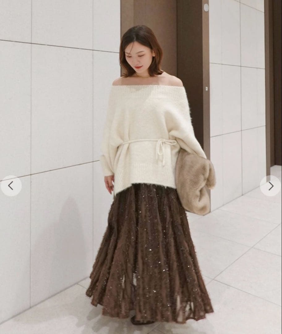 COCODEAL ウェーブフラッフィーフレアスカート（ブラウン）