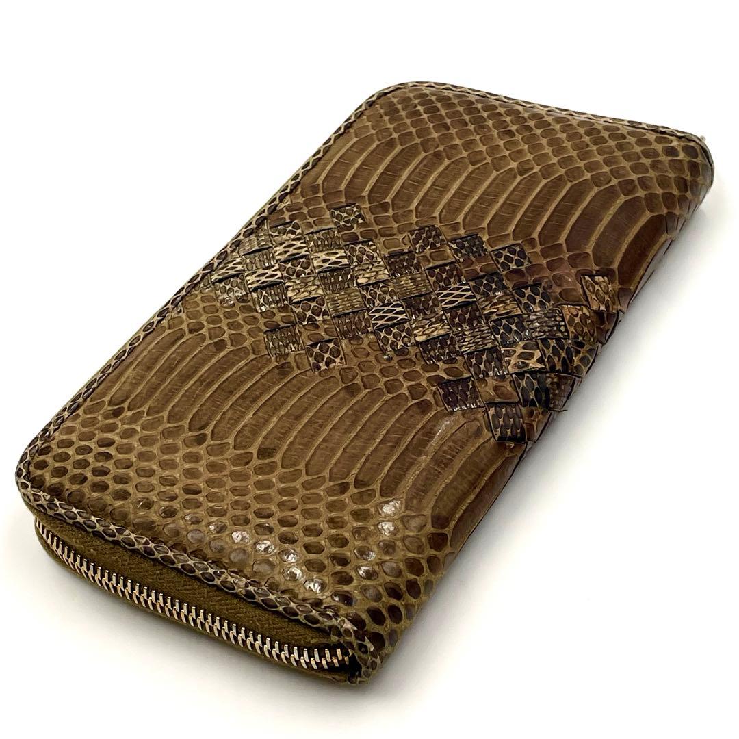 【極美品】ボッテガ ヴェネタ パイソン×イントレチャート 長財布 ブラウン