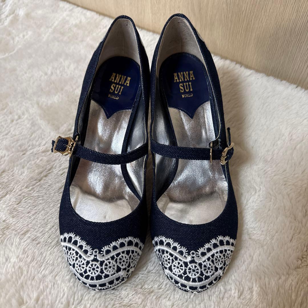 【未使用】ANNA SUI デニム生地レース刺繍メリージェーンシューズ