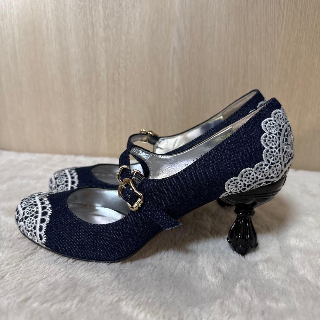 【未使用】ANNA SUI デニム生地レース刺繍メリージェーンシューズ