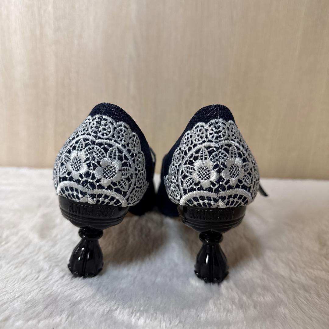 【未使用】ANNA SUI デニム生地レース刺繍メリージェーンシューズ