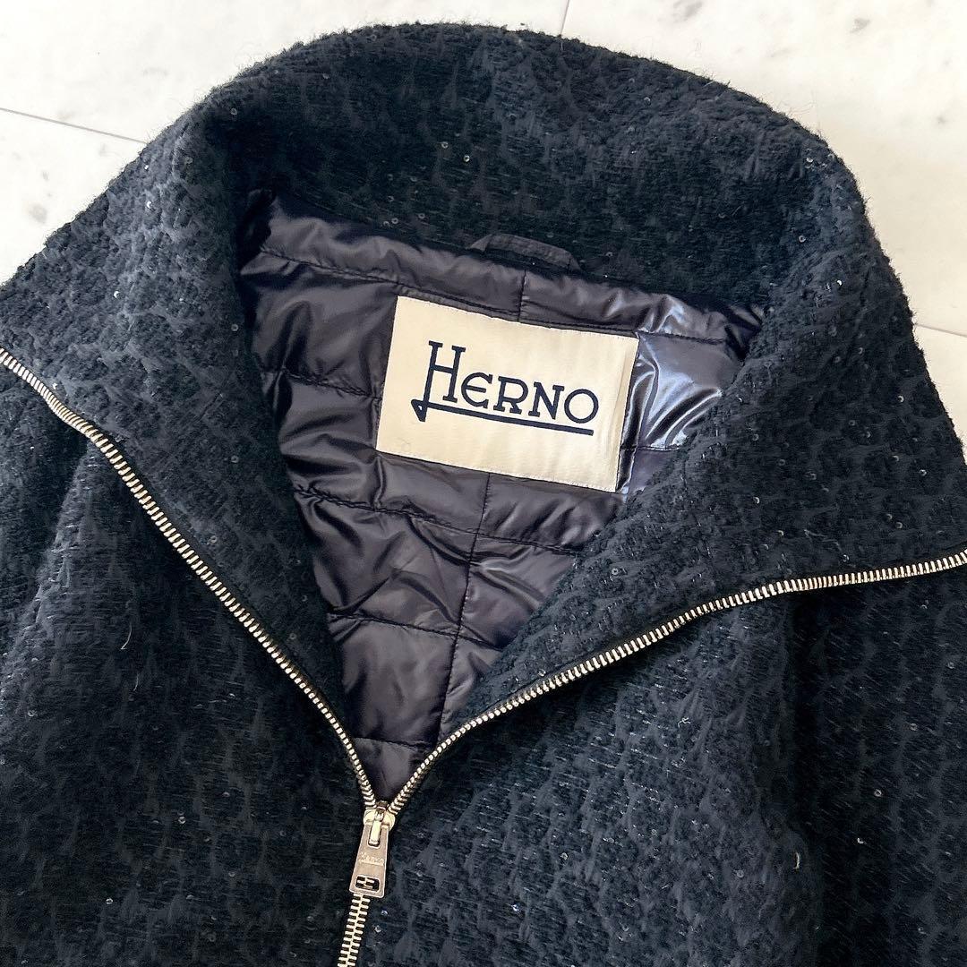 美品 ヘルノ HERNO ウール アルパカ混 ダウンコート ジャガード ブラック