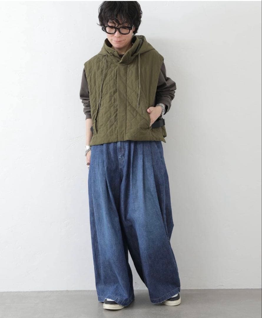 jsluxe ナイロン中綿キルトベスト カーキ色