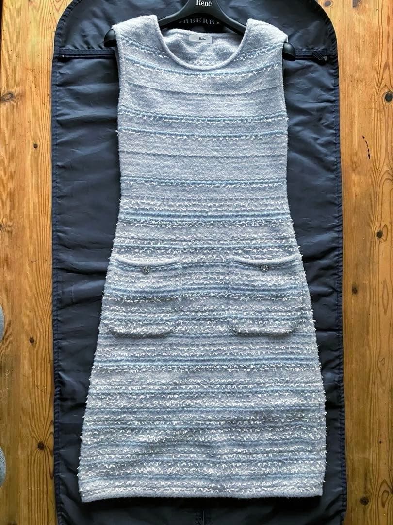 グレー×水色ツィード風ニットワンピース