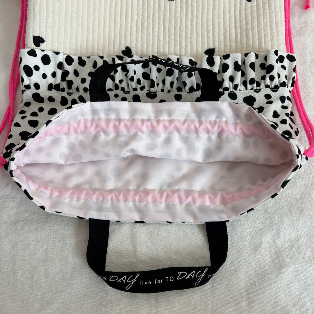 入園入学4点セット　【白地黒ハートヌビ×ダルメシアン】　女の子　ナップサック