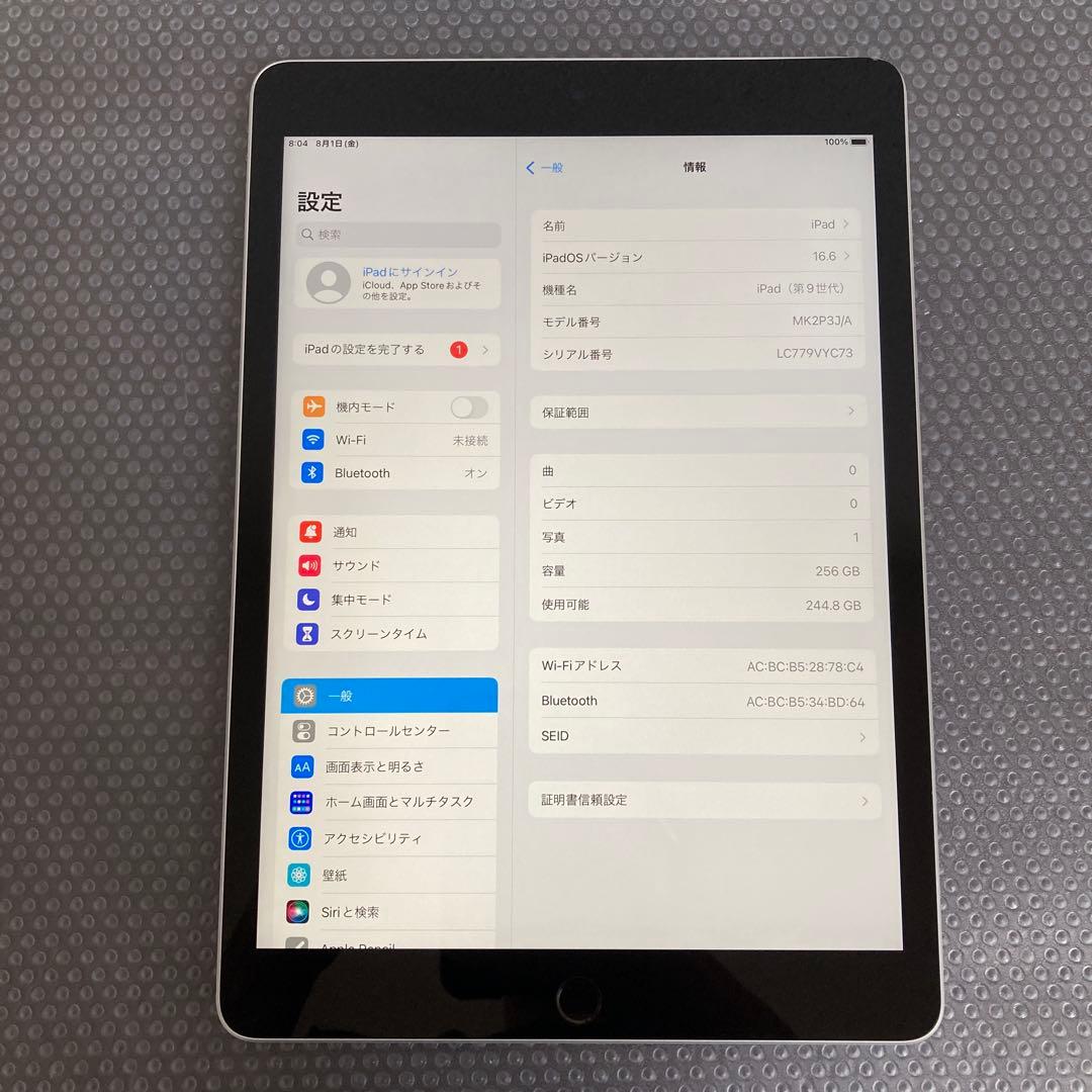 133【早い者勝ち】電池ほぼ新品☆iPad9第9世代256GB WIFIモデル☆