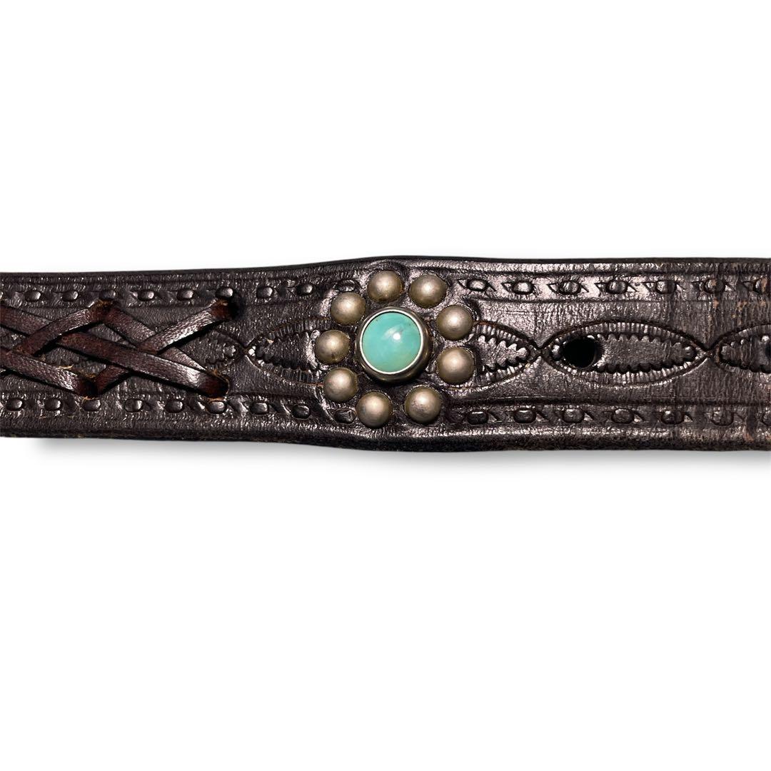 HTC ターコイズ　カービングレザー　編み込みベルト　ナロー　サイズ36