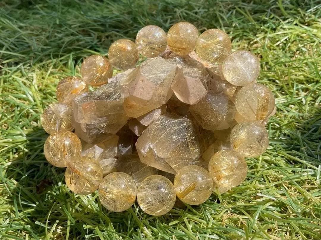 最終価格タイチンルチルクォーツブレスレット約12mm玉内周約16.5cm