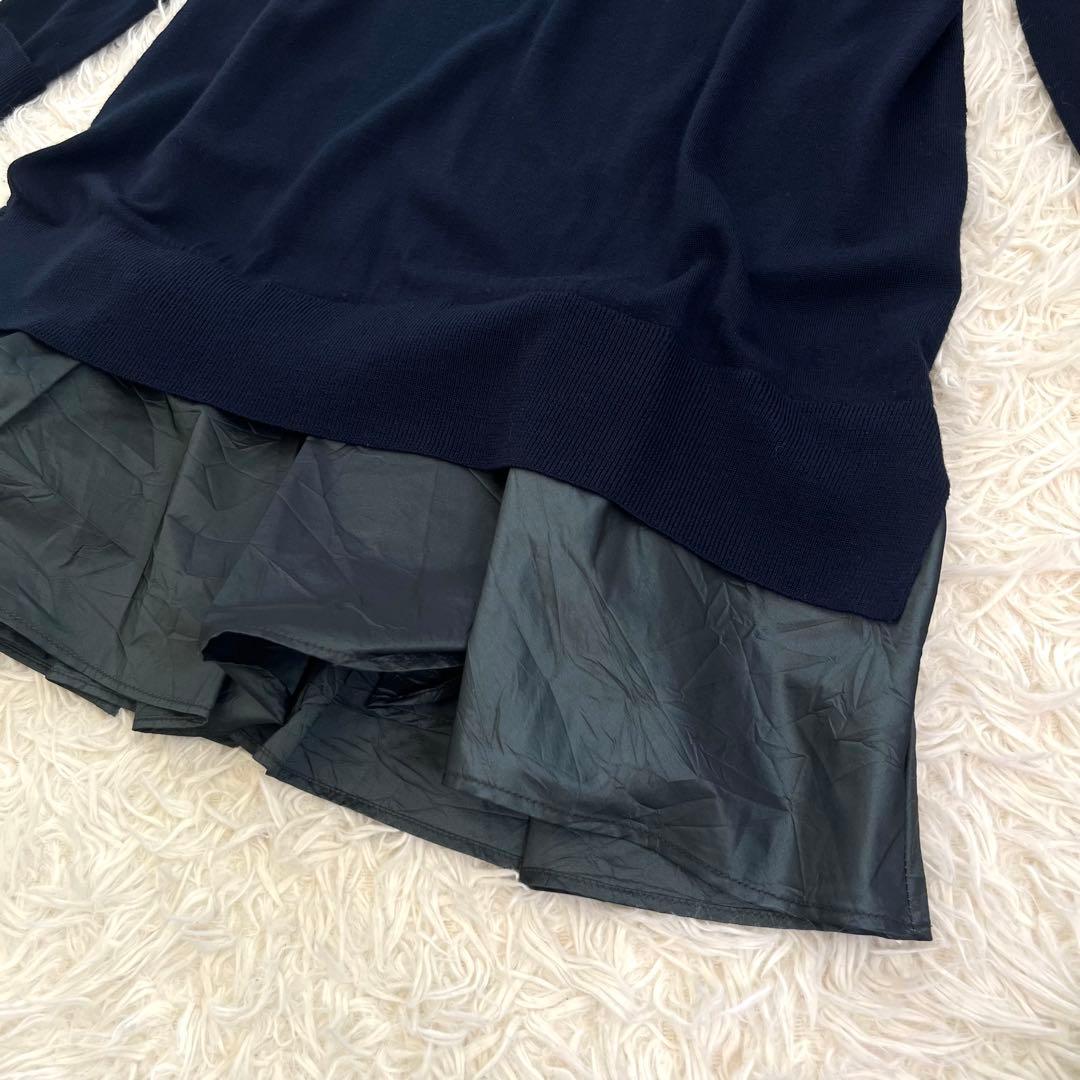 ジルサンダー レイヤード風 ニットワンピース フリル切替 ウール混 フレア 紺