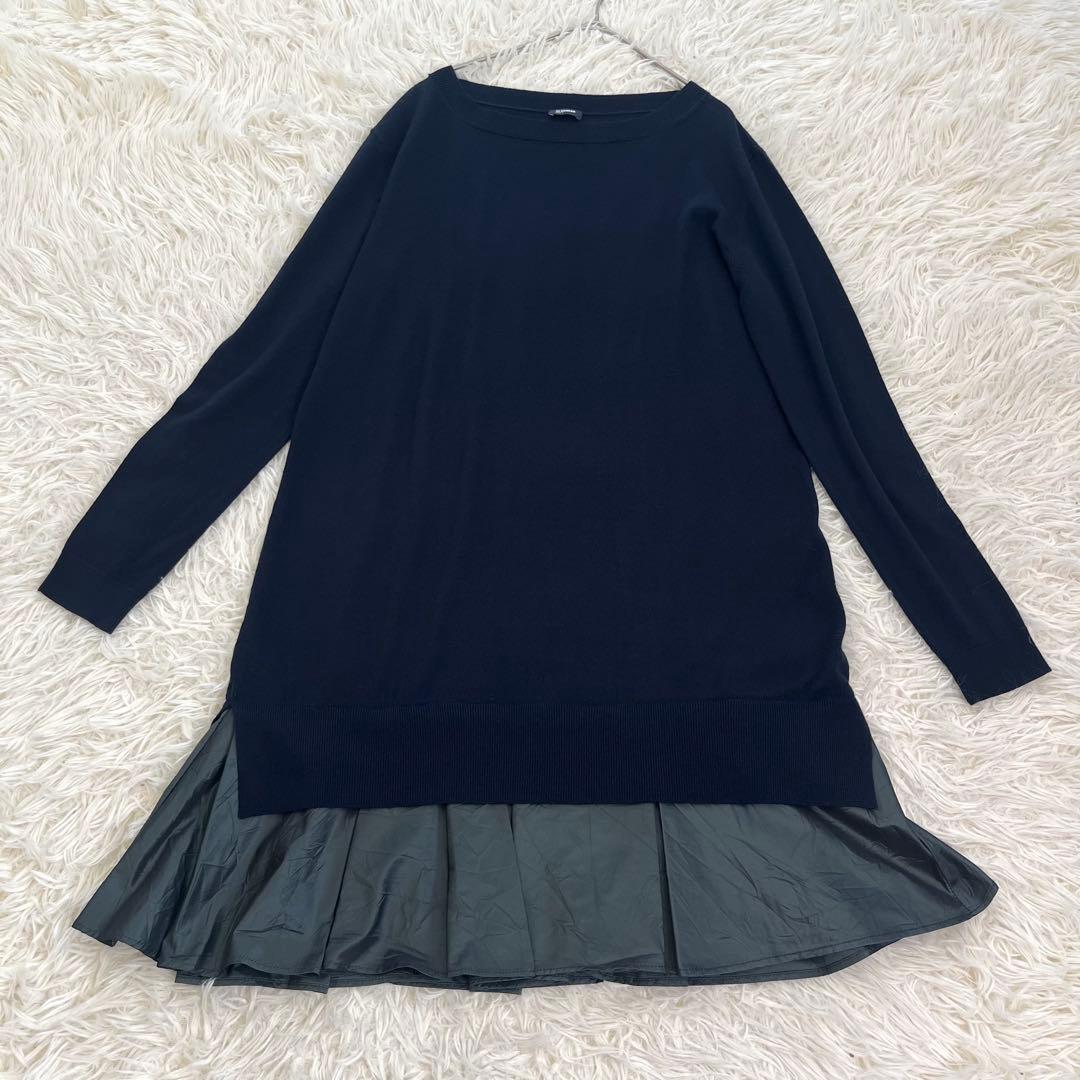 ジルサンダー レイヤード風 ニットワンピース フリル切替 ウール混 フレア 紺