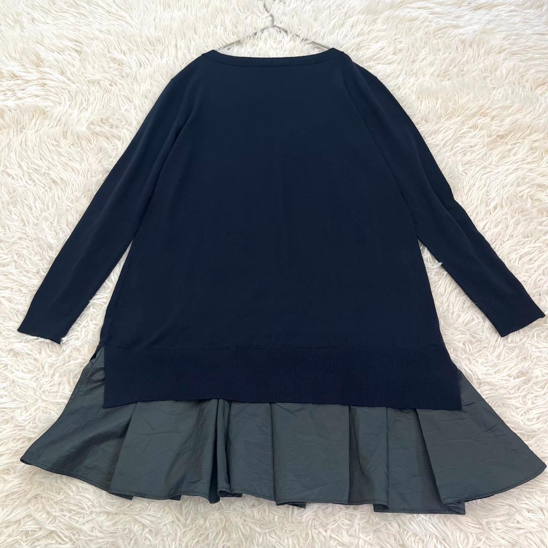 ジルサンダー レイヤード風 ニットワンピース フリル切替 ウール混 フレア 紺