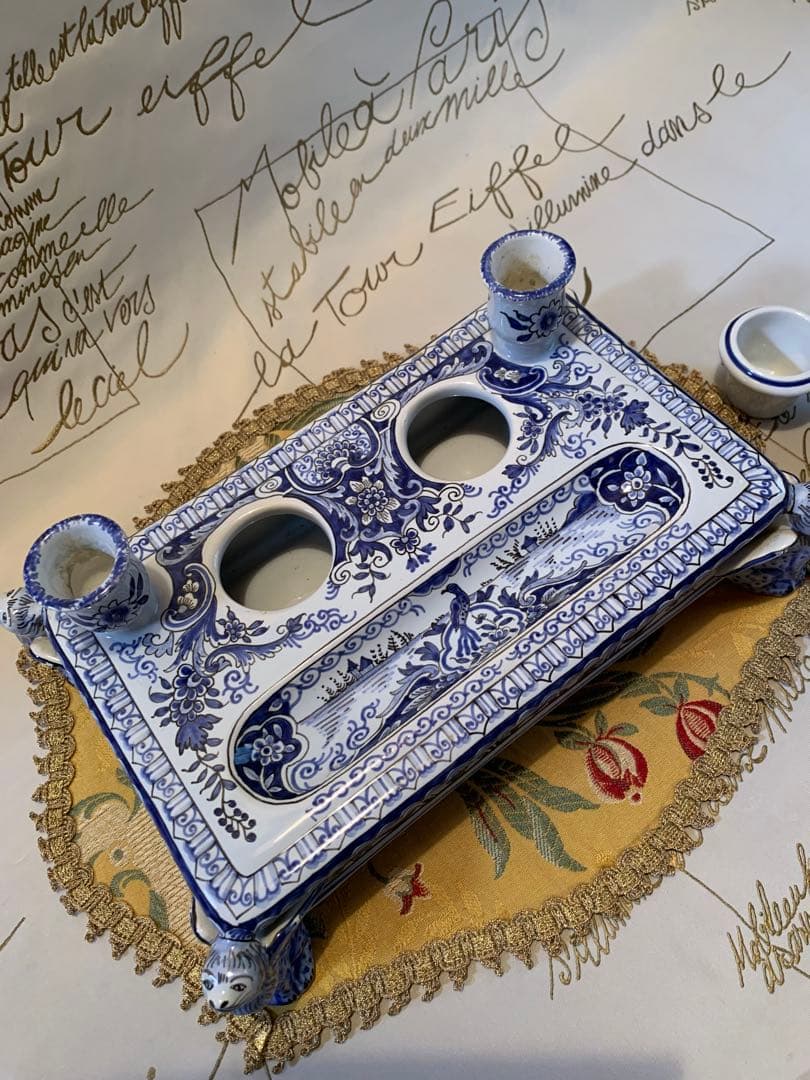 フランス製　破格！ビンテージのルーアン窯のローソク立て付きインク壺プレート！