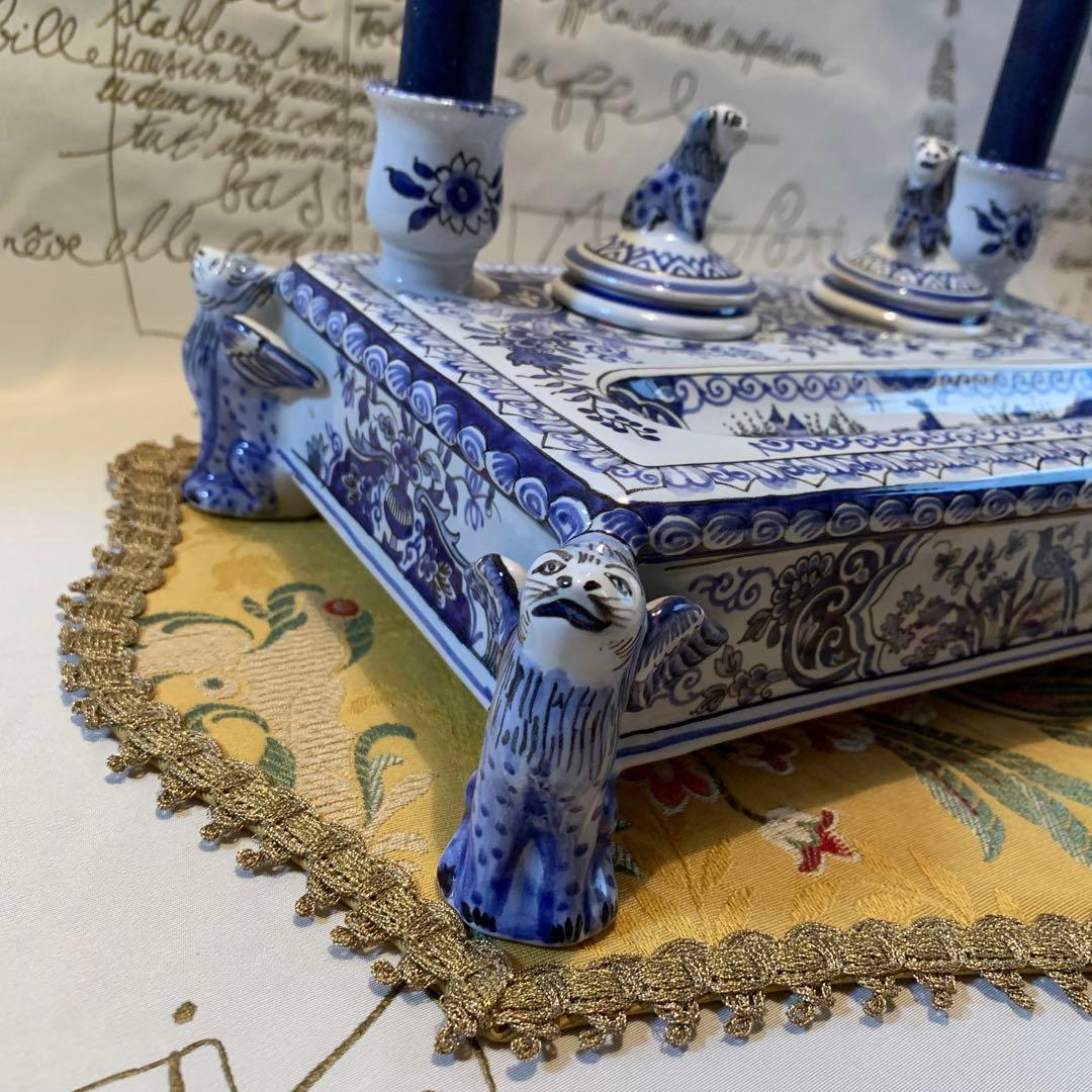 フランス製　破格！ビンテージのルーアン窯のローソク立て付きインク壺プレート！