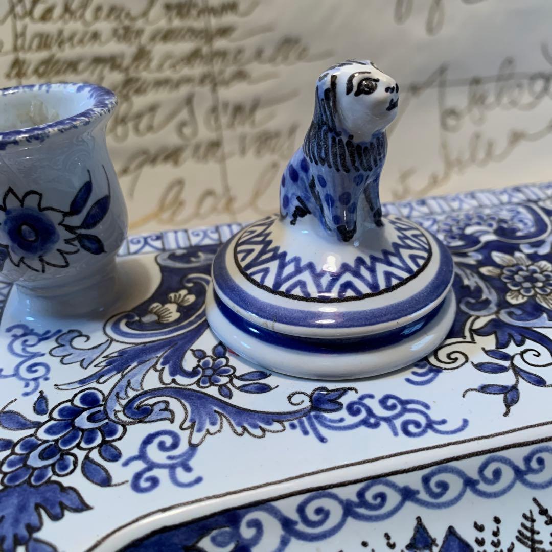 フランス製　破格！ビンテージのルーアン窯のローソク立て付きインク壺プレート！