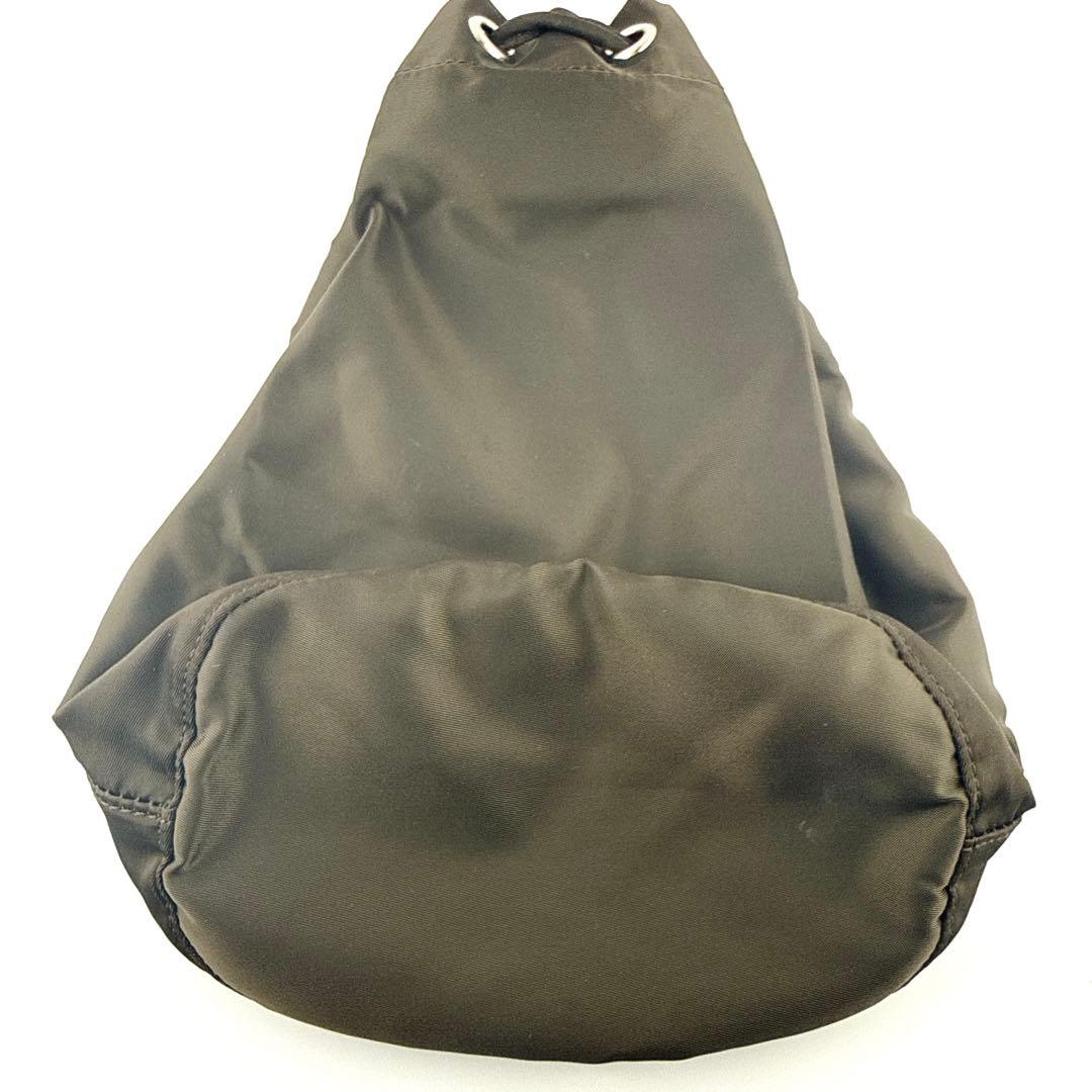 PRADA ナイロン 巾着ポーチ 三角ロゴ カーキ ブラウン MV369