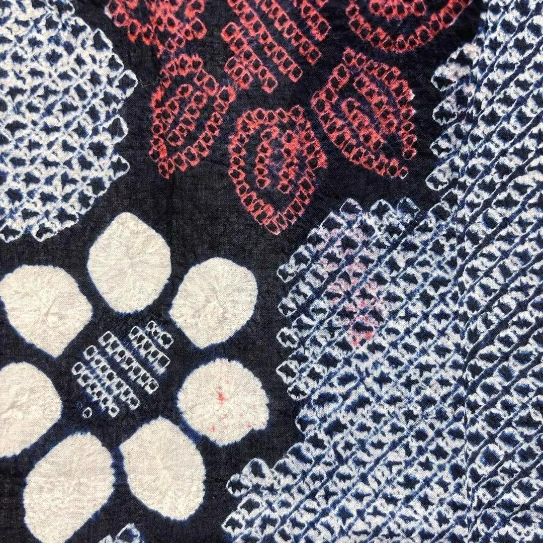 浴衣　有松鳴海絞り　縦　花模様　ネイビー系　着物　054w d