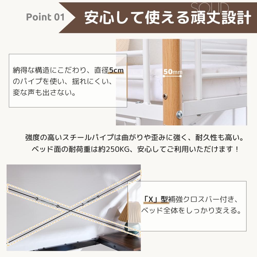 数量限定セール！ロフトベッド デスク・スチールネット付き二段ベッド WHITE