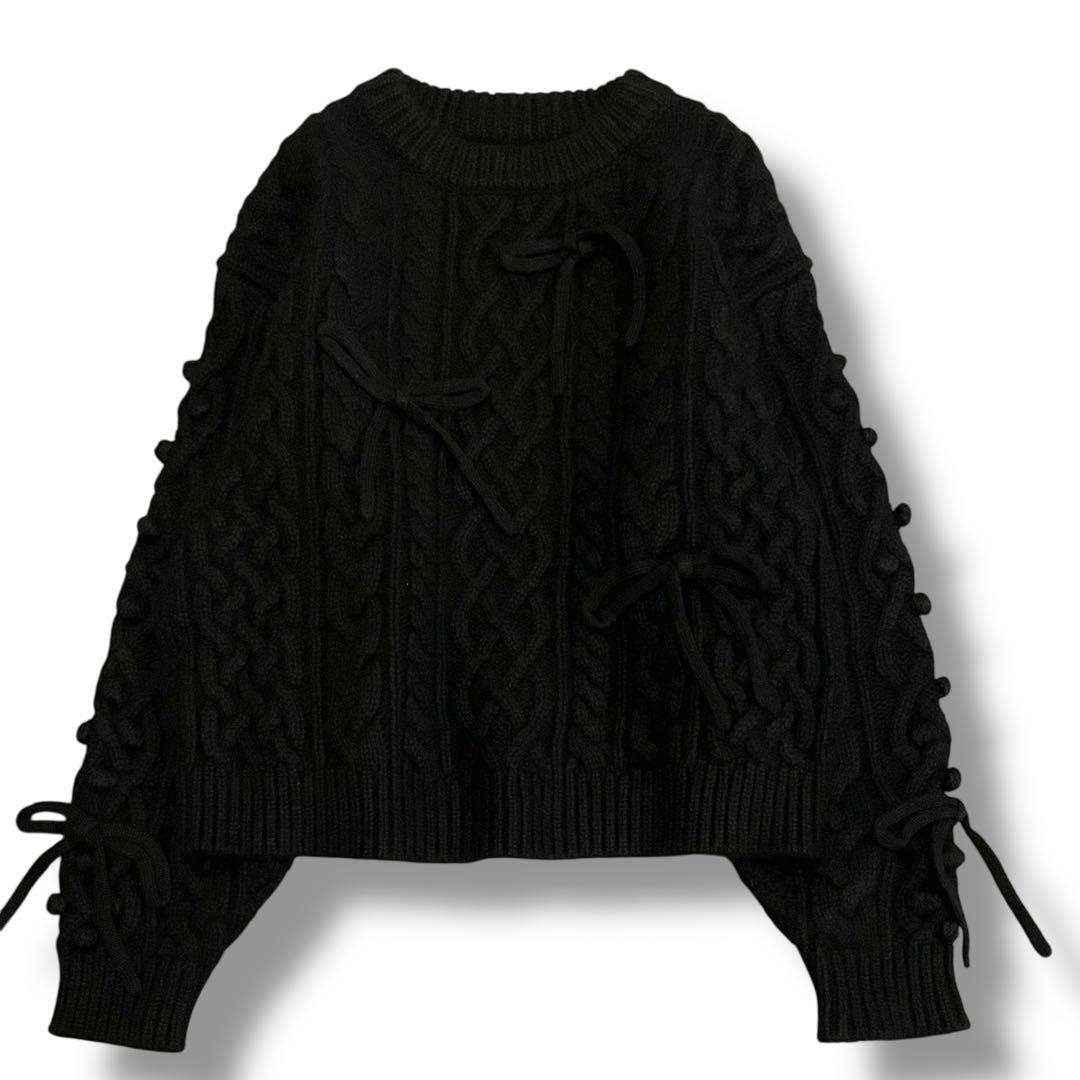 美品✨ ジプソフィア ケーブルニット ウール プルオーバー リボン付 ブラック