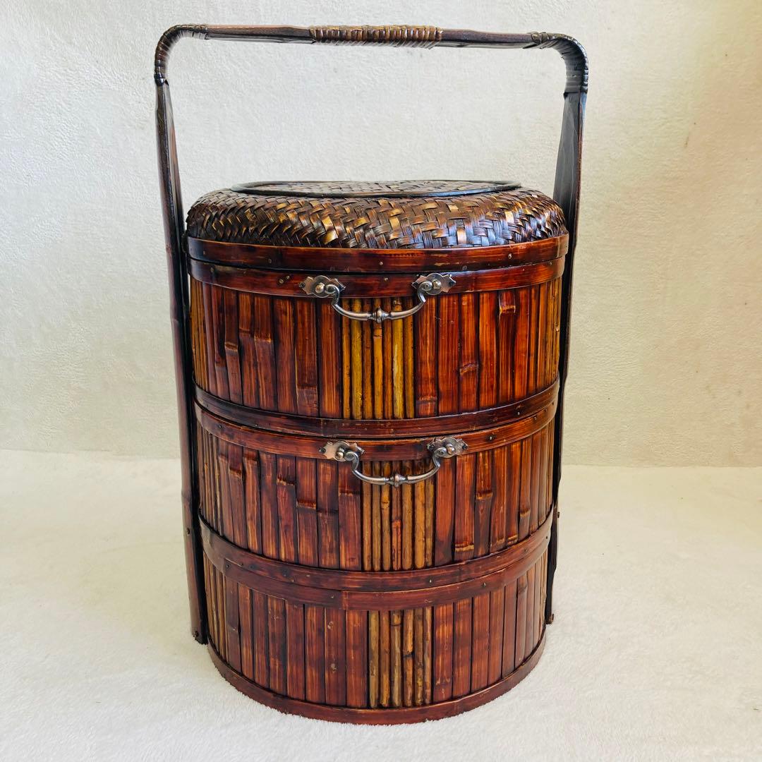 竹編み籠☆特大★茶籠☆煎茶 飾り 堤藍 三段籠 中国 農具　 　自然竹バスケット
