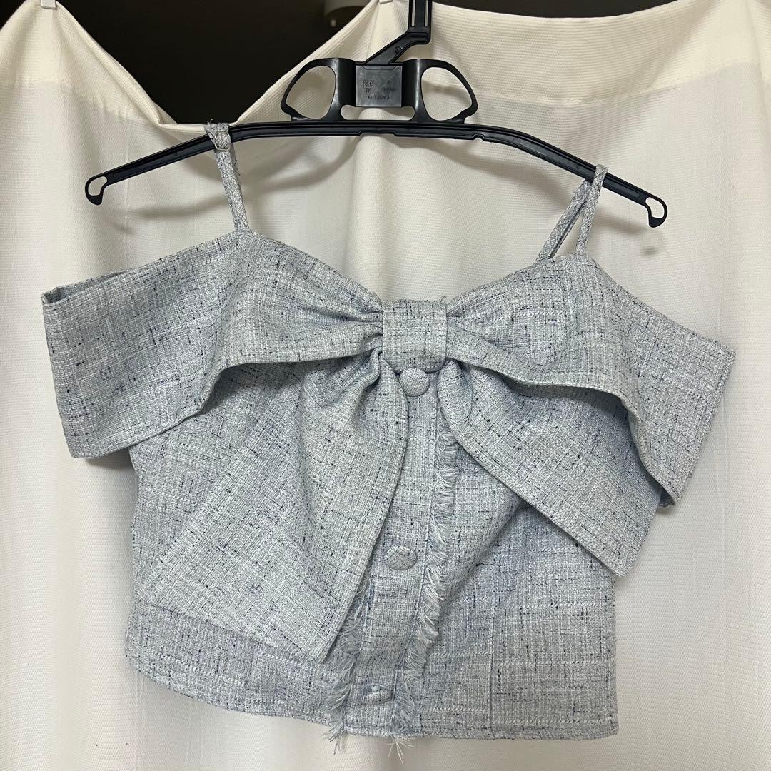 ツイードリボンオフショルトップス ブルー