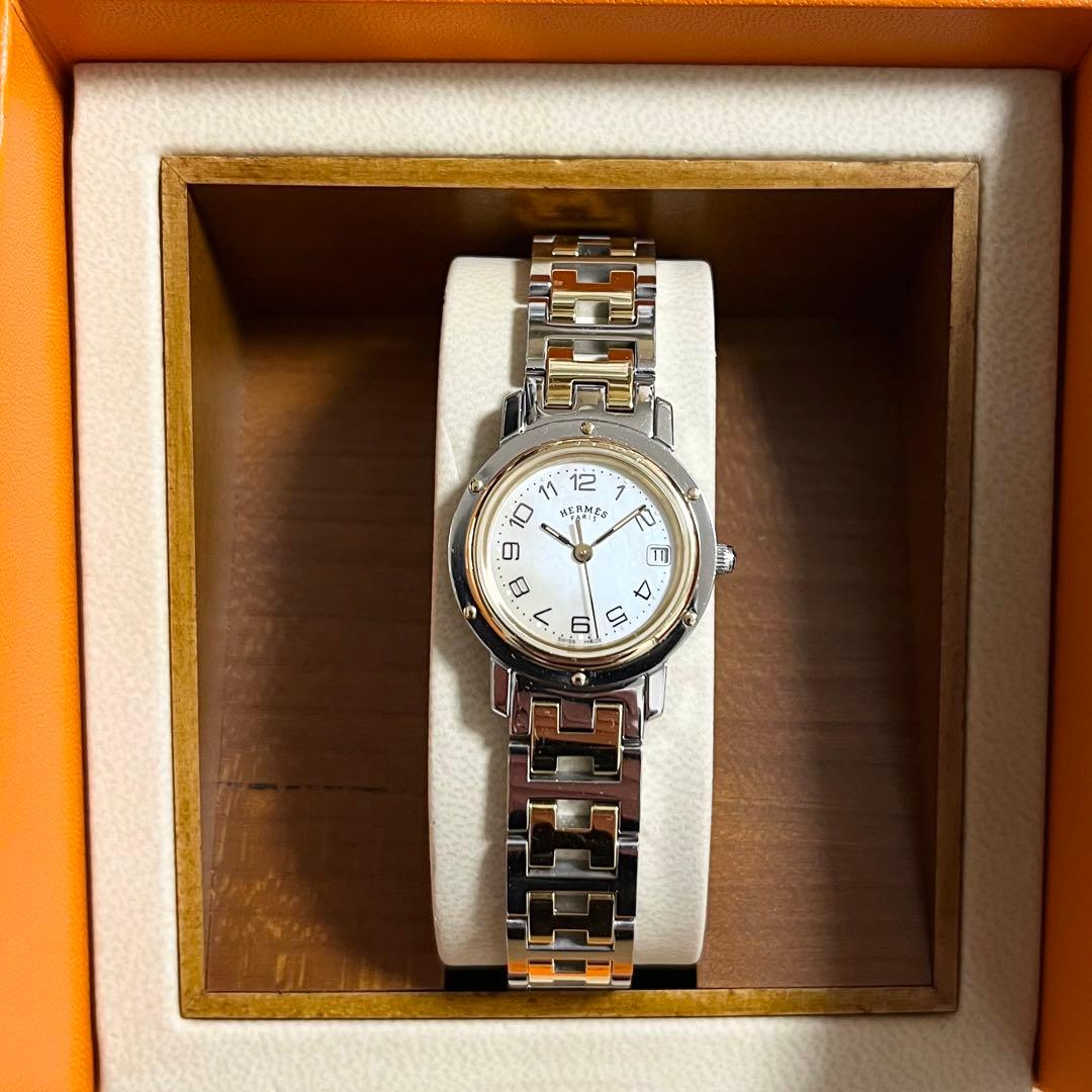 腕時計 エルメス クリッパー ナクレ 時計 シェル文字盤 ゴールド コンビ レア