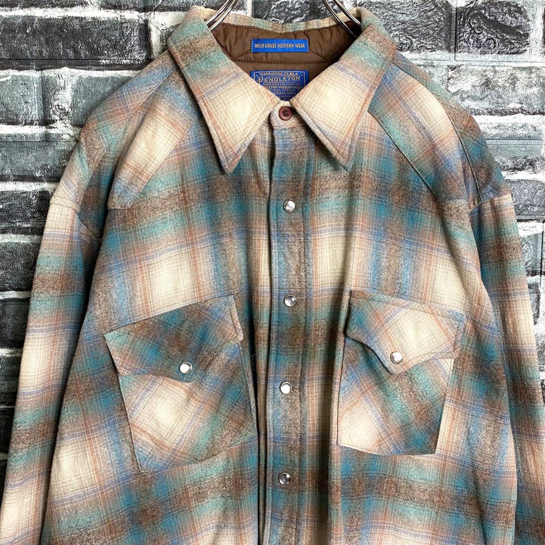 70s ペンドルトン ウエスタンシャツ オンブレチェック ブルーベージュ