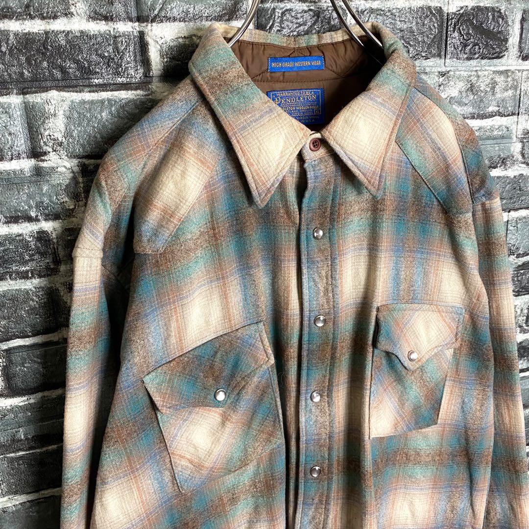 70s ペンドルトン ウエスタンシャツ オンブレチェック ブルーベージュ