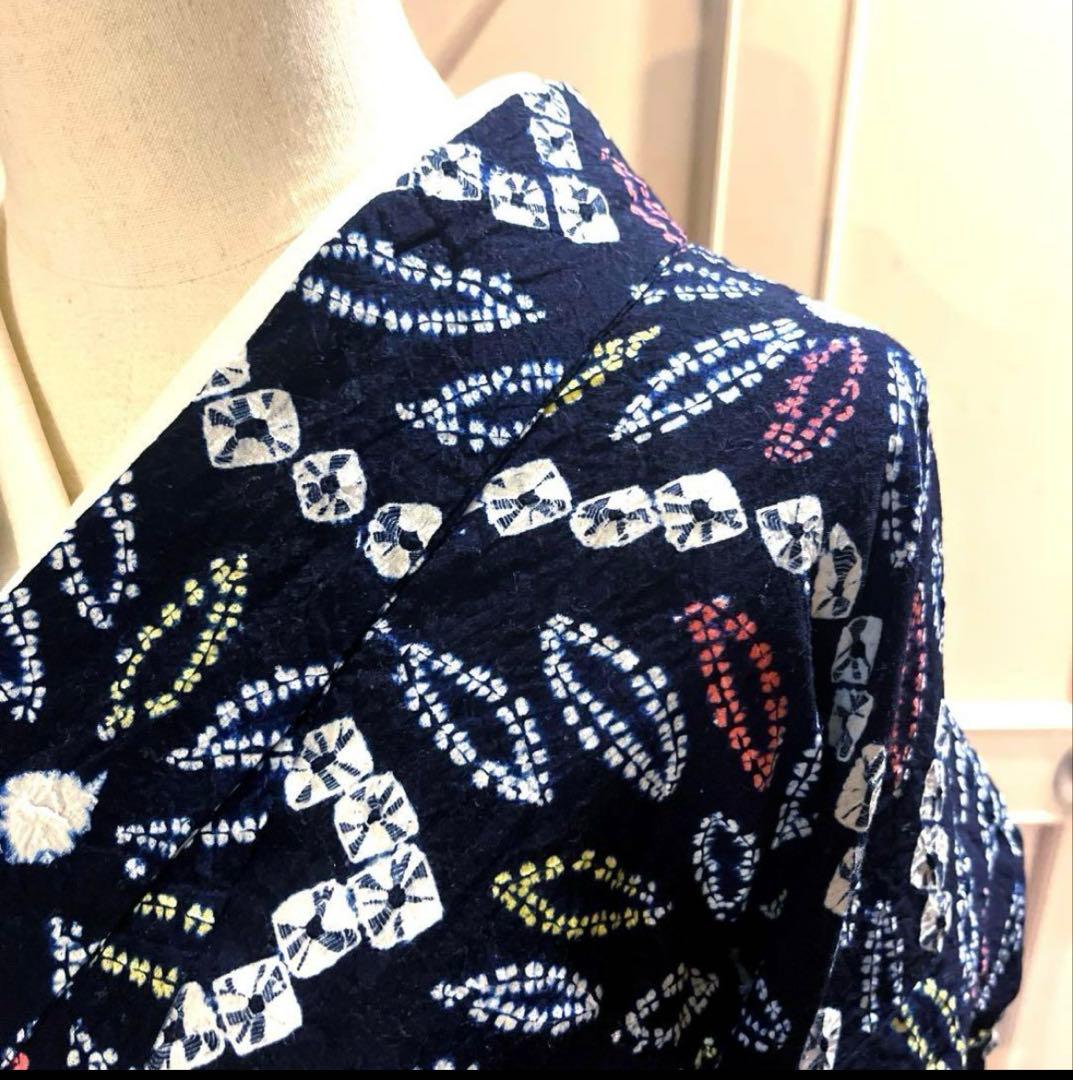 有松鳴海絞り 華やか 菊葉 手蜘蛛絞り 一部しつけ付き 手縫い濃紺 美品