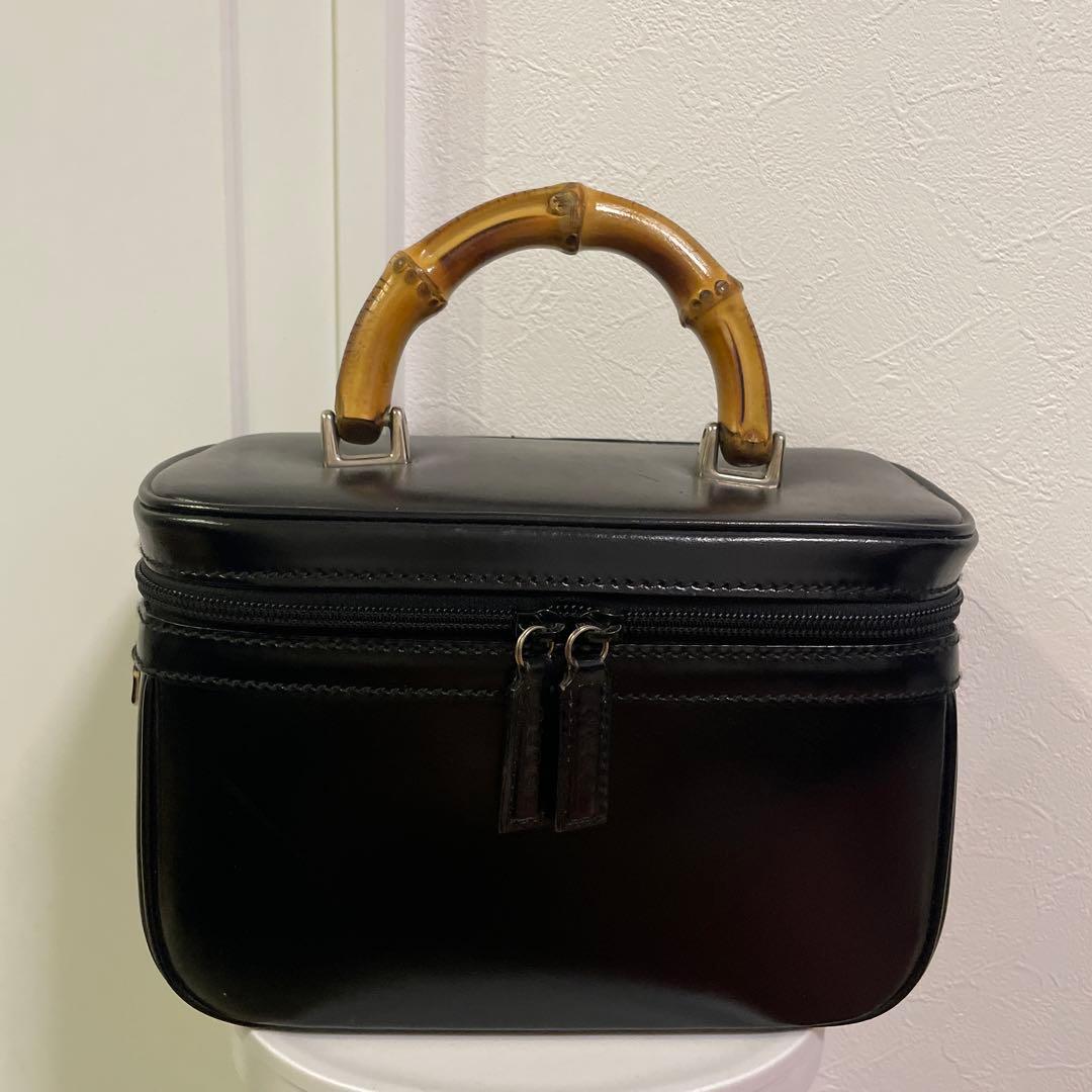 グッチ　バニティ黒レザー バンブーハンドル バッグ