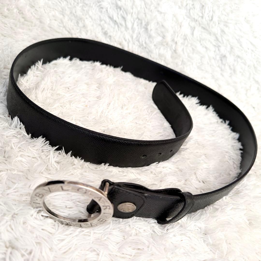 【美品】 ブルガリ ベルト ロゴマニア サークルロゴ シルバー金具 ブラック