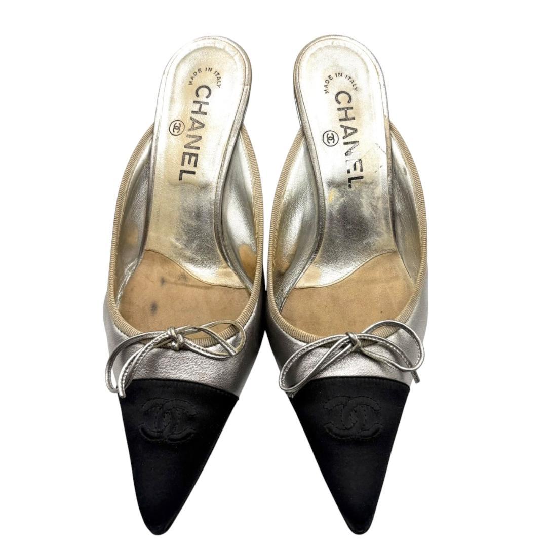 シャネル CHANEL バイカラー ミュール ココマーク シルバー