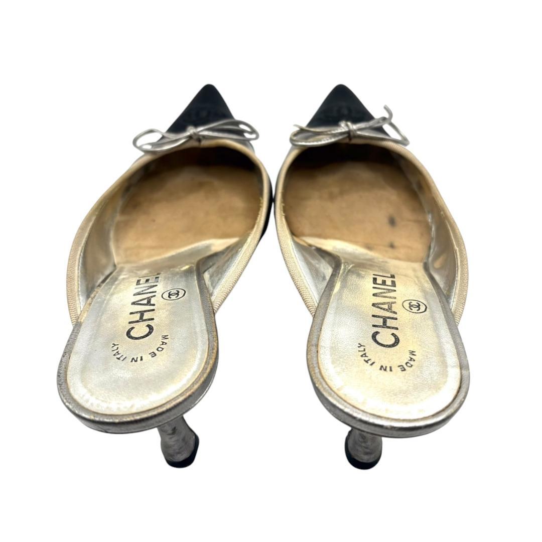 シャネル CHANEL バイカラー ミュール ココマーク シルバー