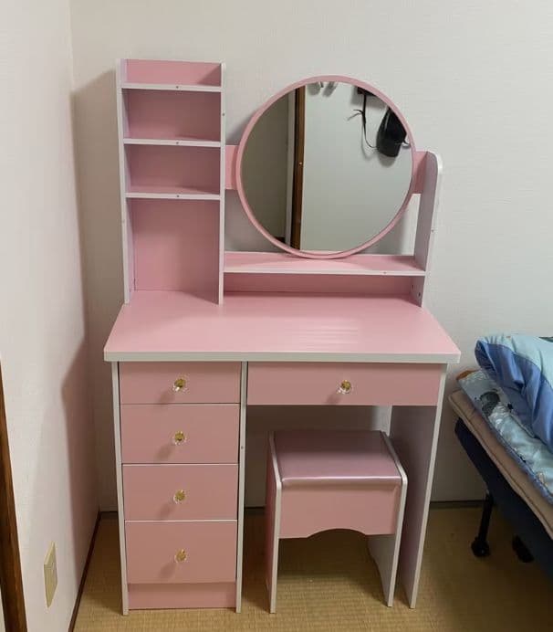 ピンク姫系ドレッサー 幅 80cm 円形ミラー 引き出し 5 杯 スツール付き