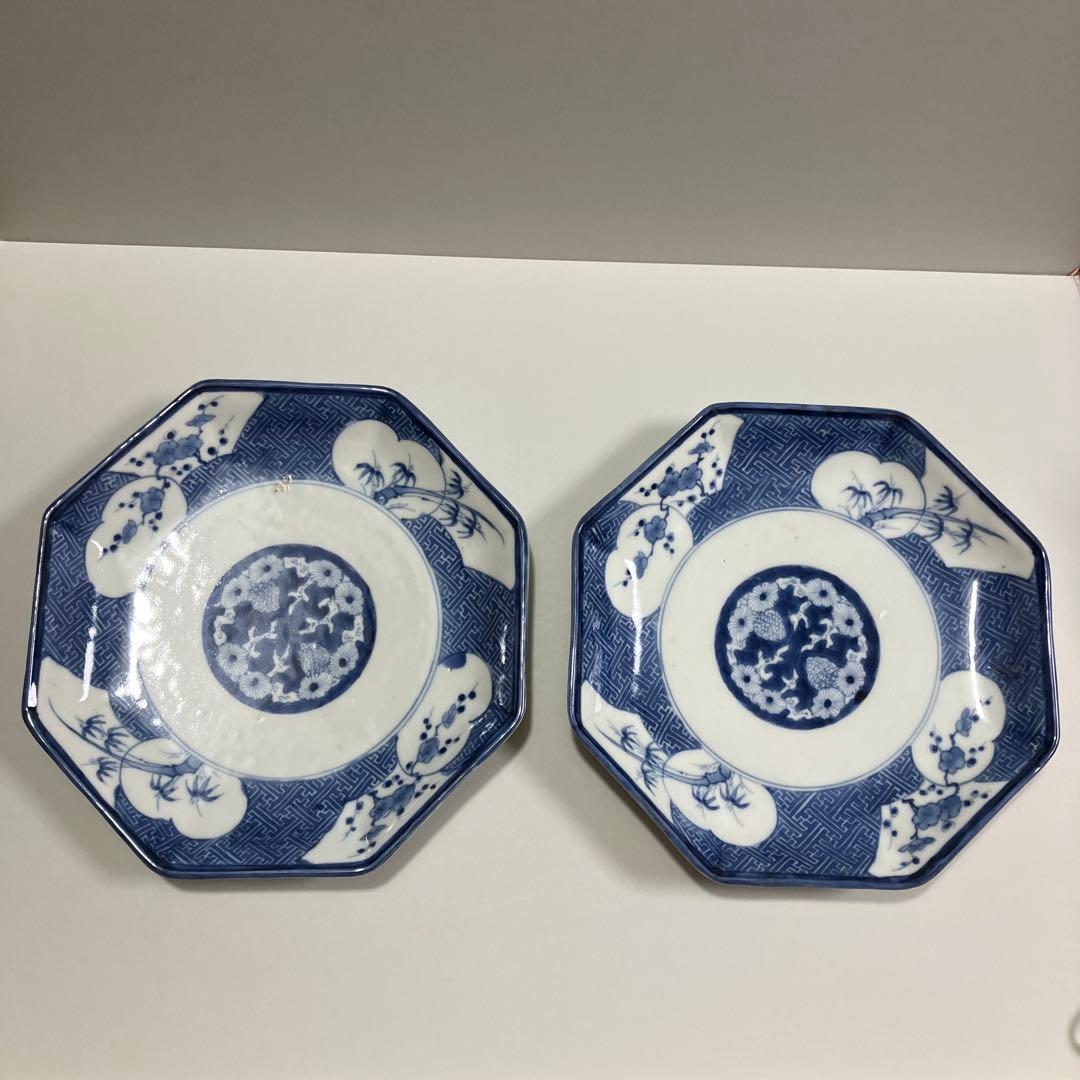 古伊万里染付　八角皿２枚　径20.5cm