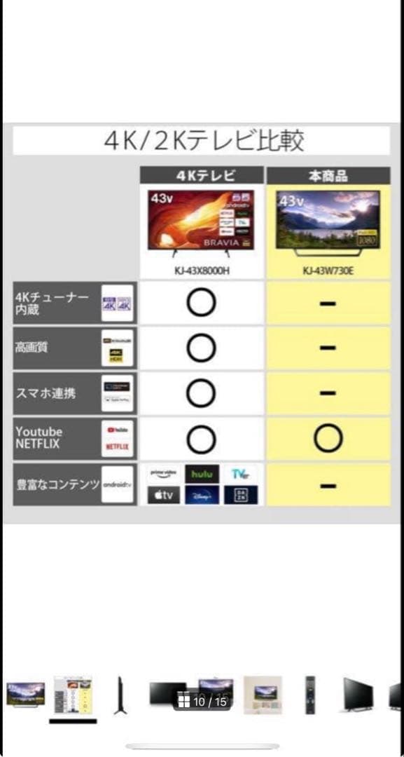 中古ソニー 43V型液晶TVフルハイビジョンKJ-43W730E 壁掛け設置のみ