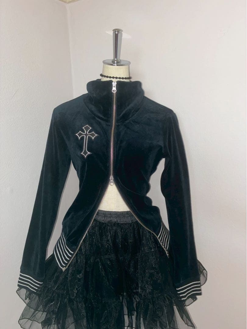 y2k ダークコア十字架銀刺繍　ベロアWジップゴシック平成　マクブリンククロス