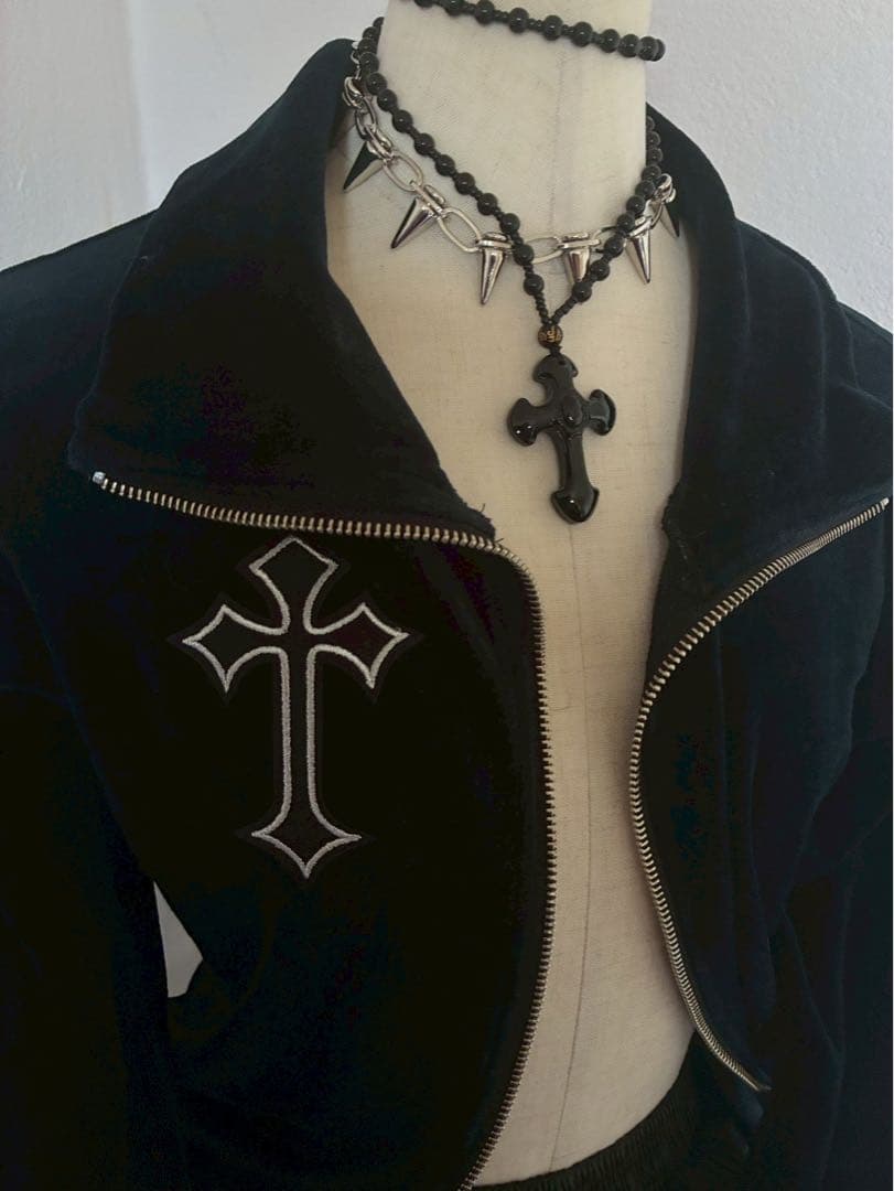 y2k ダークコア十字架銀刺繍　ベロアWジップゴシック平成　マクブリンククロス