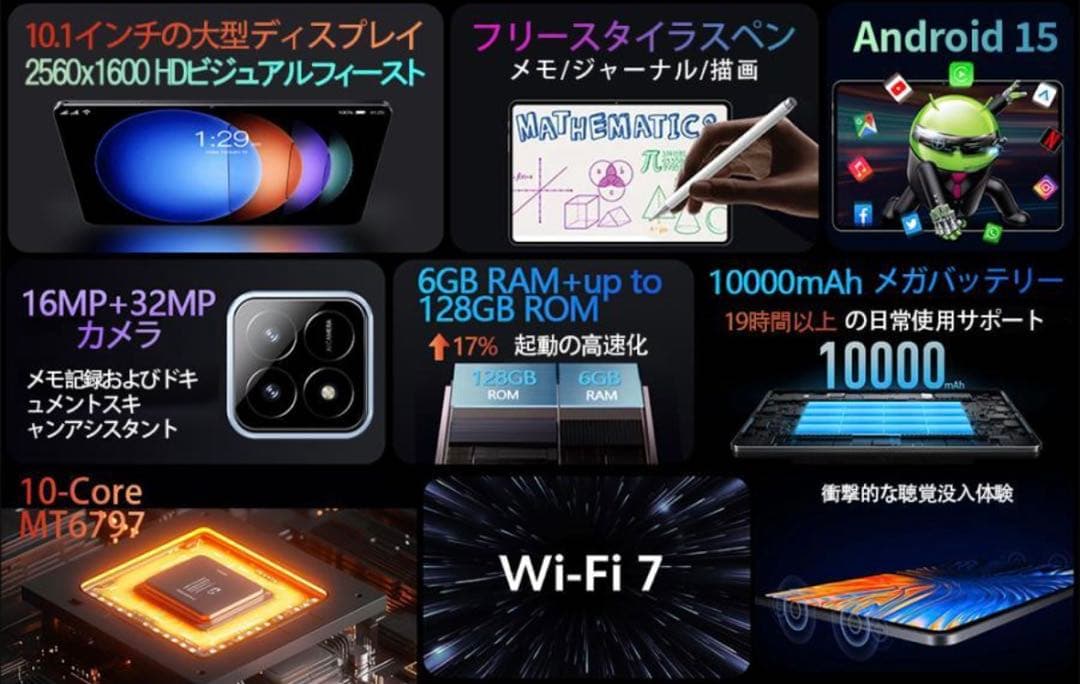 タブレットPC Android15 10インチ256GB FullHD