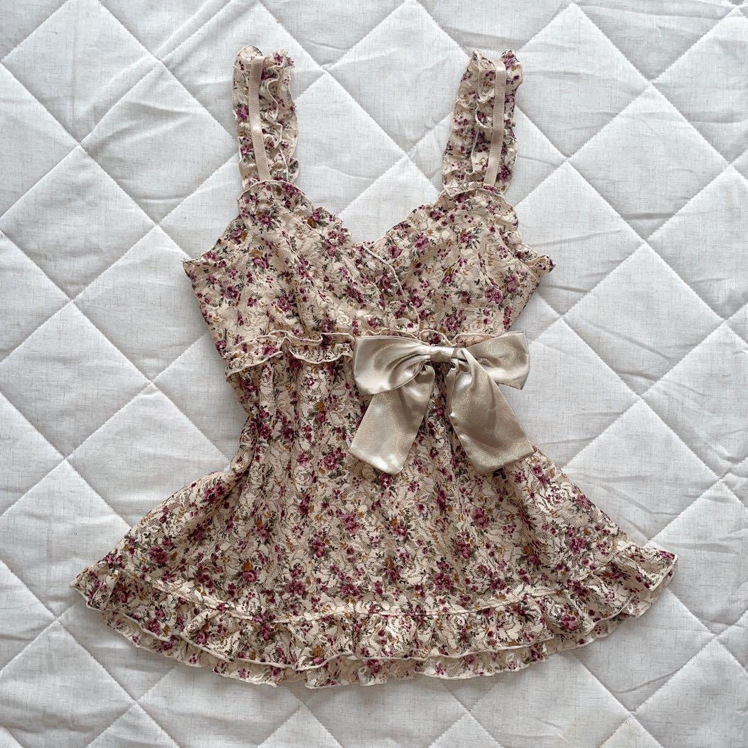 00s LIZLISA系 ビッグリボン総レースフリルキャミ 姫系