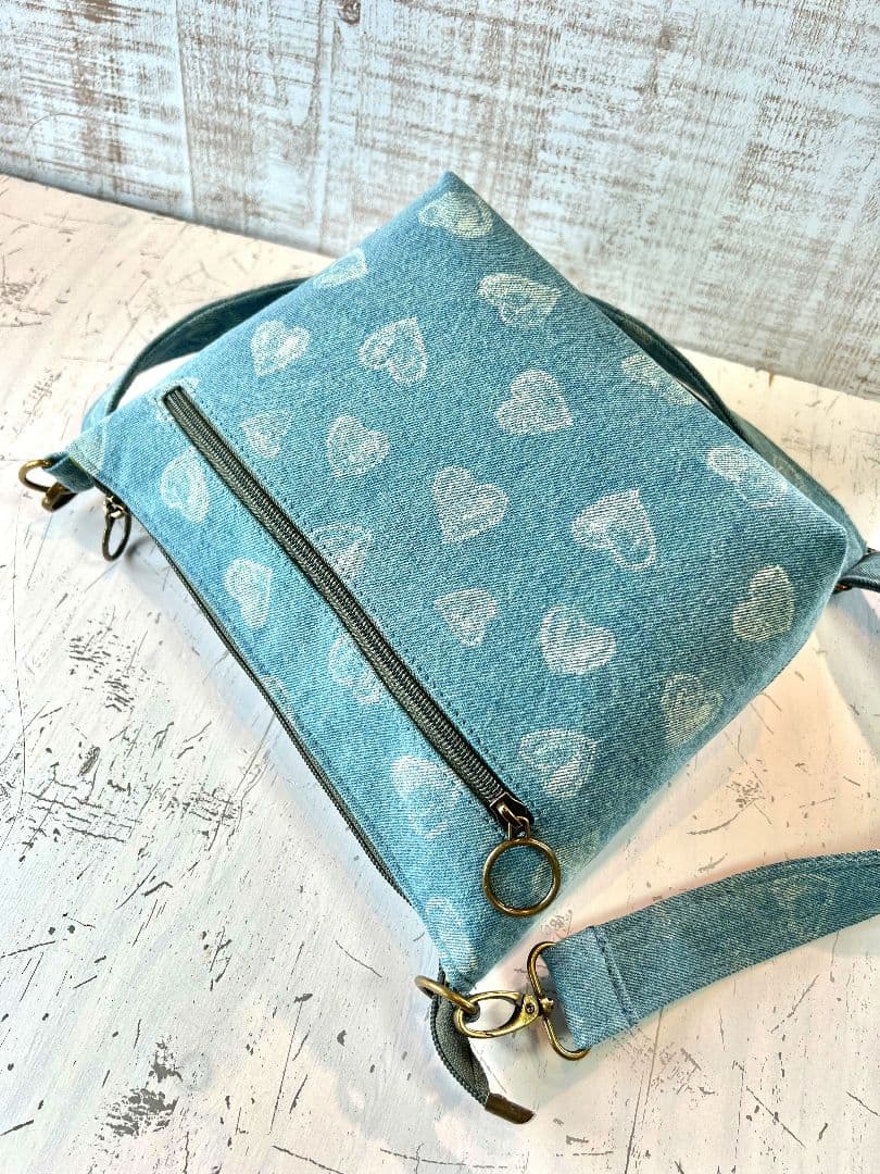 インディゴハート柄デニム♡刺繍のショルダーバッグ♡フリルリボン猫ちゃん