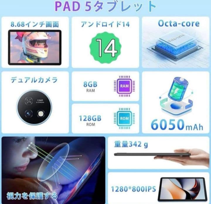 PAD 5 タブレット 8.68インチ Android 14 8GB 128GB