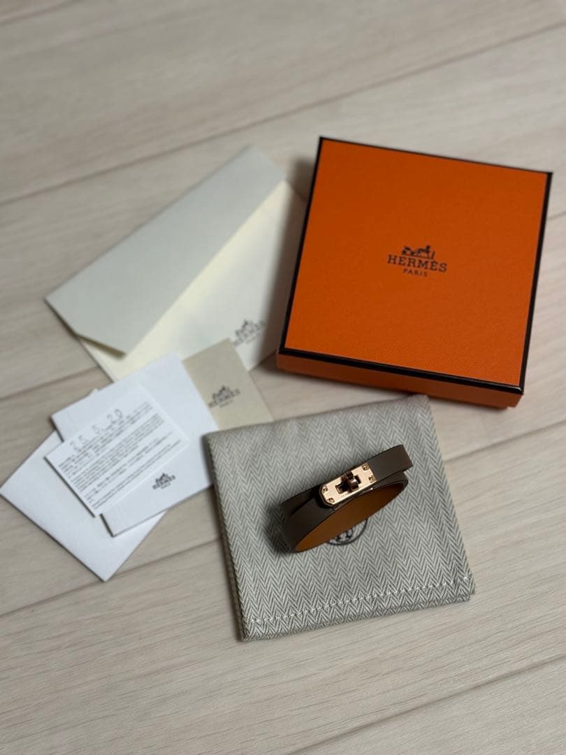 美品 エルメス レザーブレスレット ミニケリー エトゥープ ピンクゴールド T1