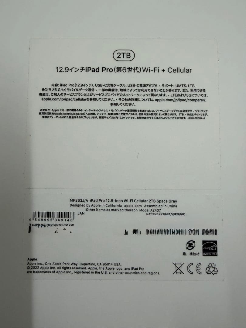 12.9インチiPad Pro 第6世代 Wi-Fi+Cellular 2TB